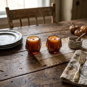 Vintage Amber Glass Votive Candle Holders with Orange Candles - Pair